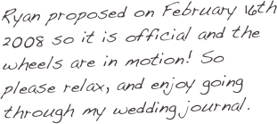 Ryan proposed on February 16th  2008 so it is official and the wheels are in motion! So please relax, and enjoy going through my wedding journal. 
