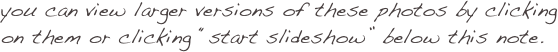 you can view larger versions of these photos by clicking on them or clicking “start slideshow” below this note.